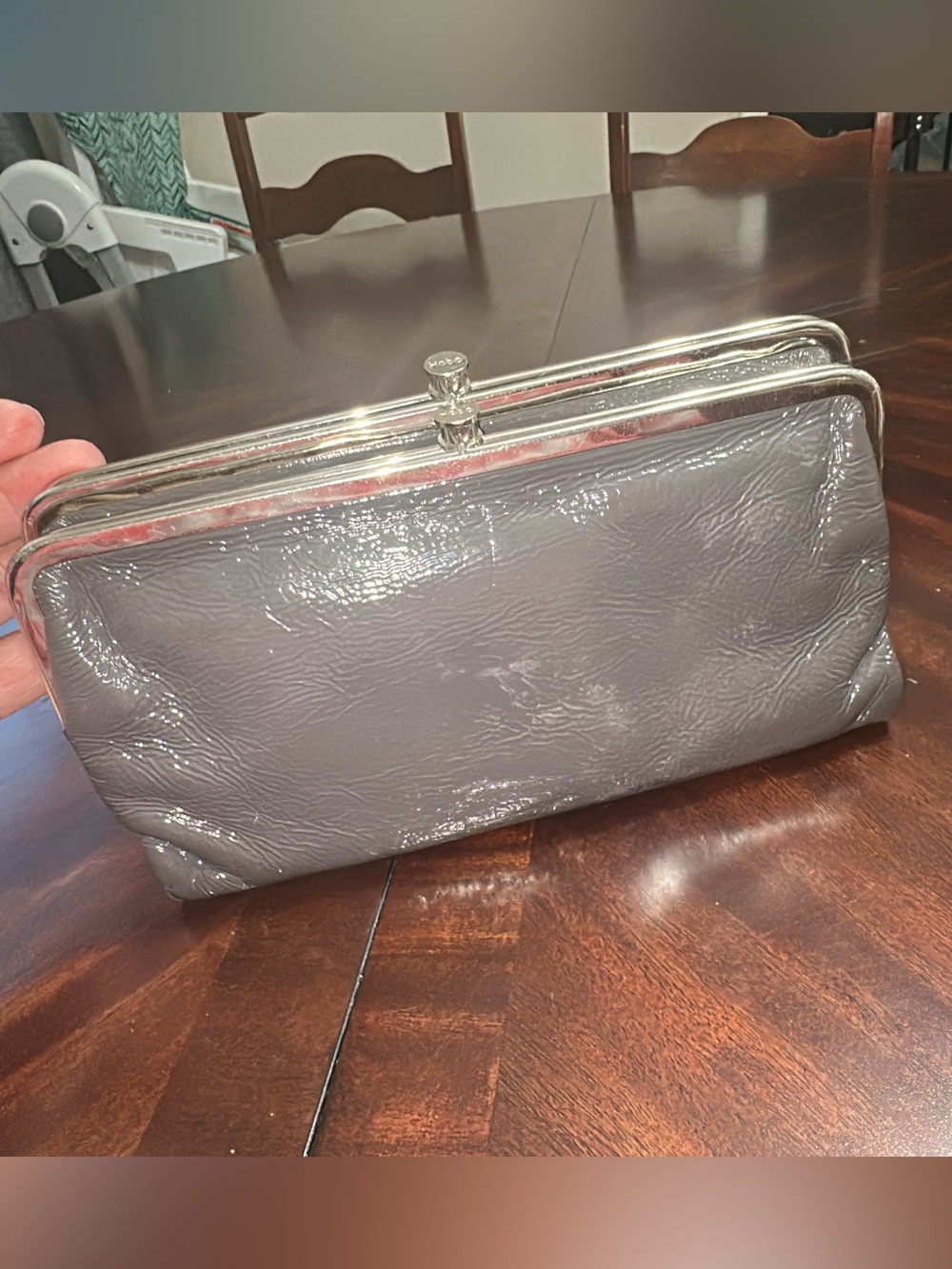 Hobo International Double Frame Clutch Wallet grey Polished Leather. (Bags 18)